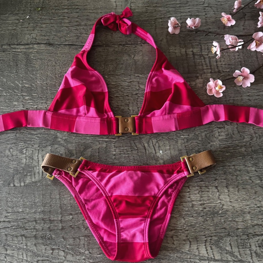 Vintage 2006 Vix Paula Hermanny Pink Striped Low Rise Bikini Leather Detail S/M